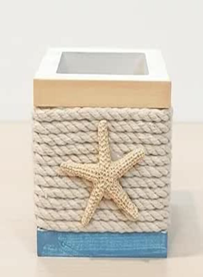 Nautical Wooden Pen Organizer, Twisted Rope with Starfish, Coastal Desk Decor, Blue Base